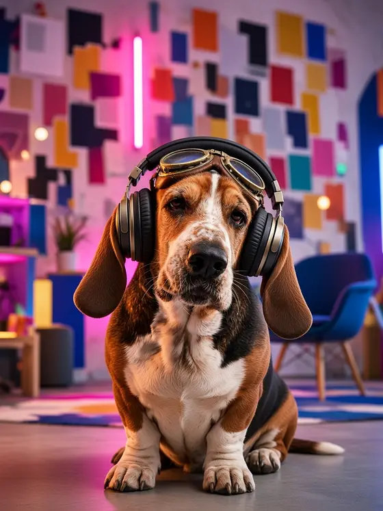 Truffe avec un casque audio dans une petite agence créative
