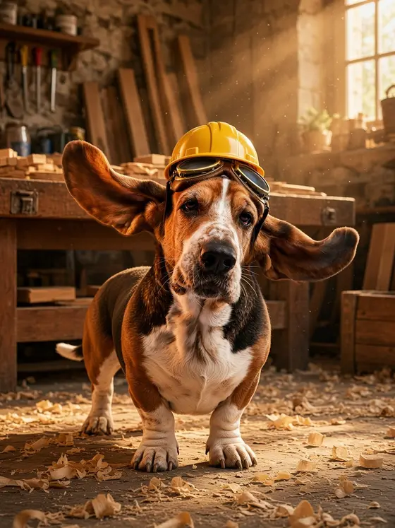 Truffe en casque de chantier dans un atelier de menuiserie