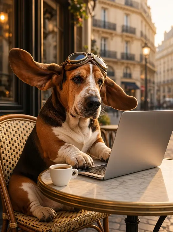 Truffe en terrasse de café devant un ordinateur portable